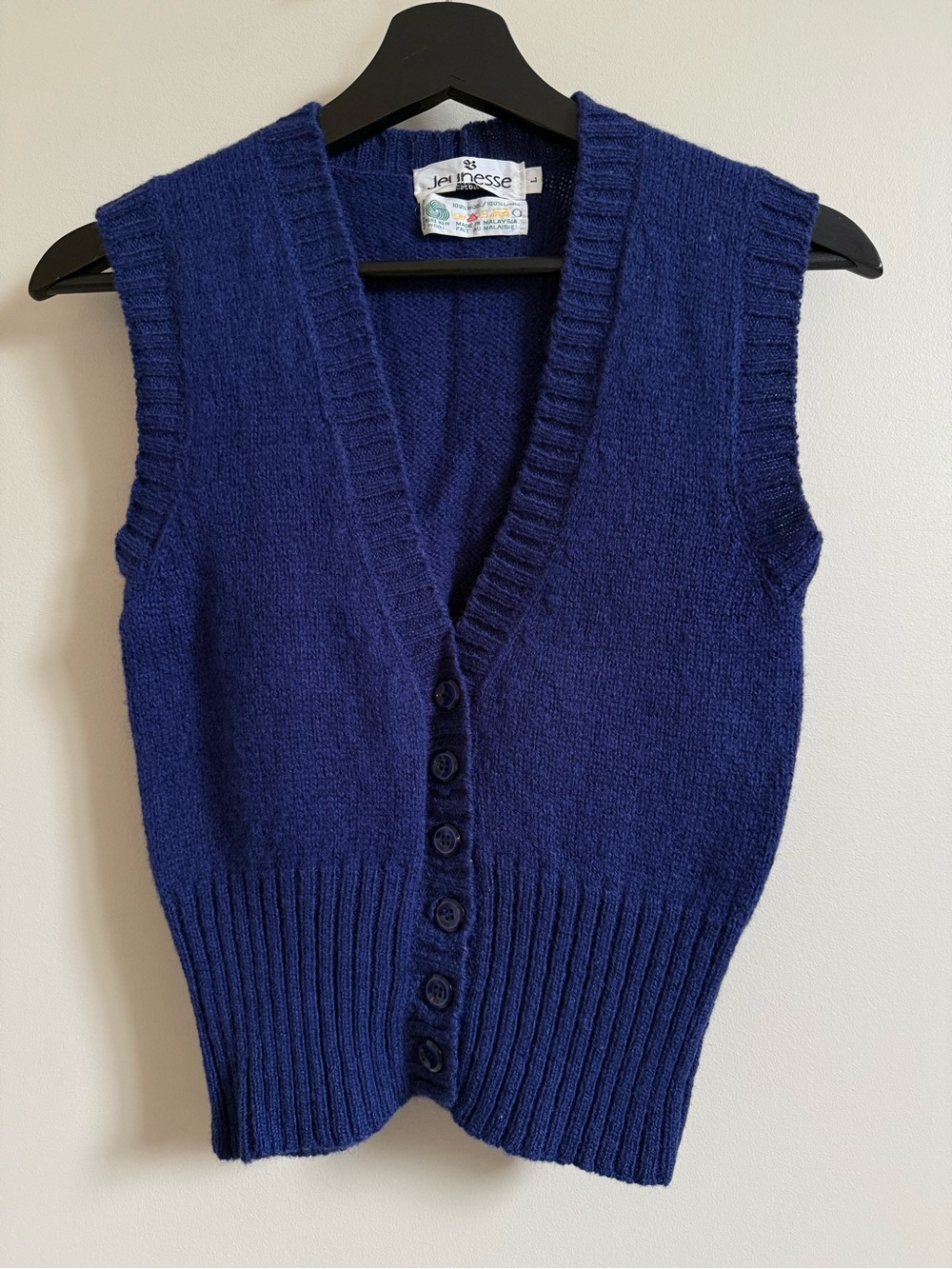 Vintage 100% Wool Indigo-Blue Sleeveless Button-up V-Neck Sweater Vest (Small)